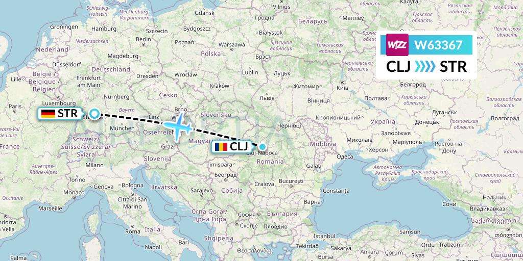 W63367 Wizz Air Flight Map: Cluj-Napoca to Stuttgart
