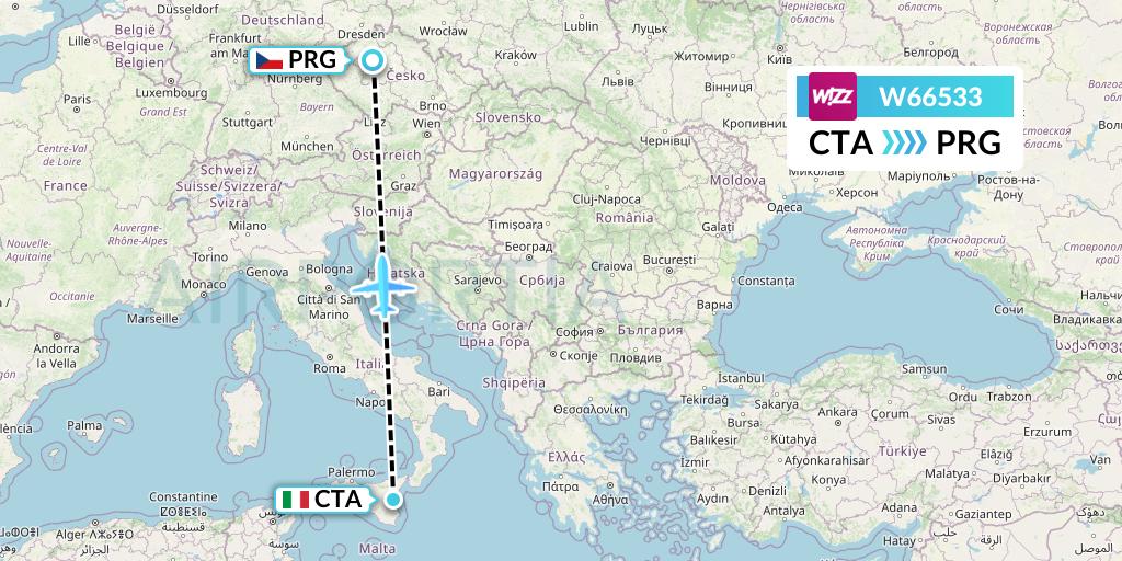 W66533 Wizz Air Flight Map: Catania to Prague