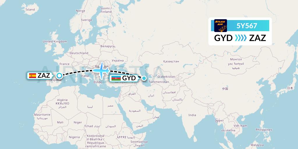 5Y567 Atlas Air Flight Map: Baku to Zaragoza