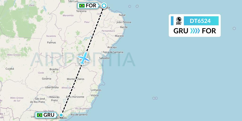 DT6524 TAAG Angola Airlines Flight Map: Sao Paulo to Fortaleza