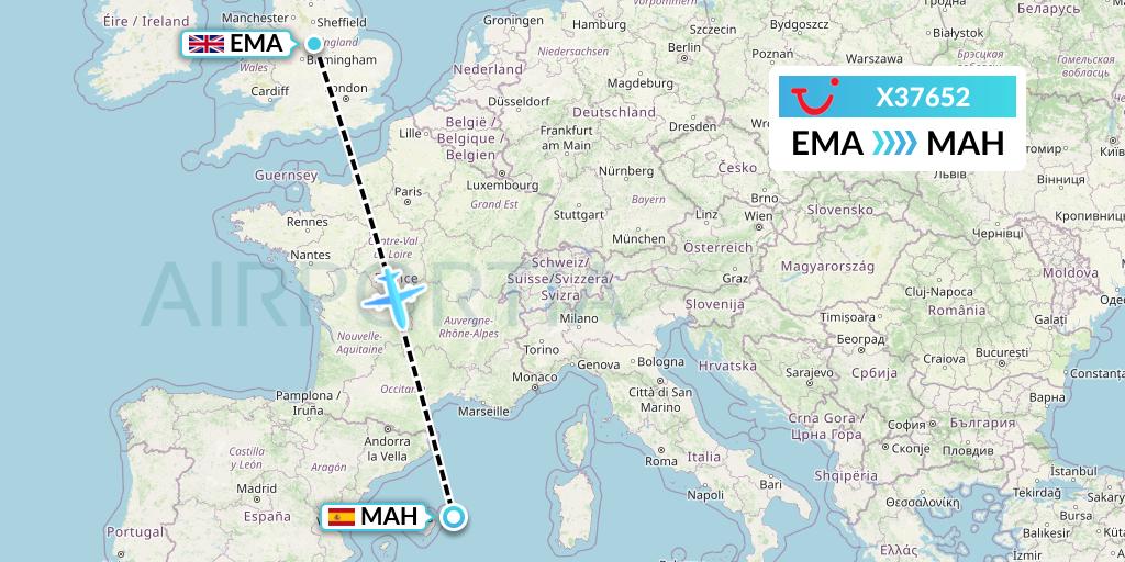 X37652 TUI fly Germany Flight Map: East Midlands to Mahon