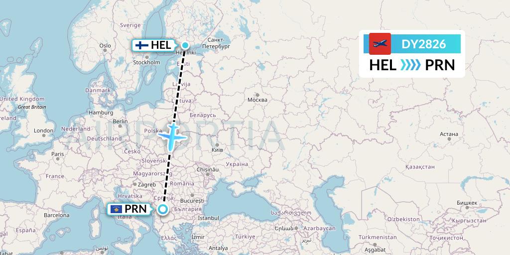 DY2826 Norwegian Flight Map: Helsinki to Pristina