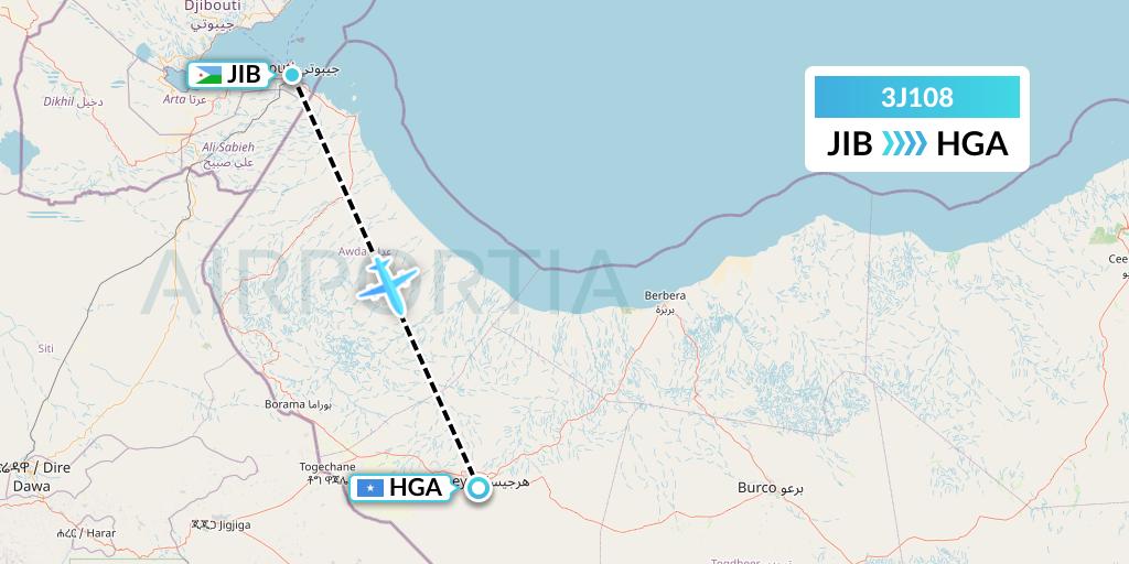 3J108 Jubba Airways Flight Map: Djibouti to Hargeisa