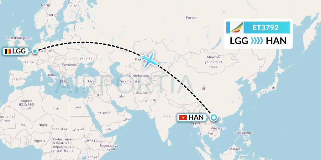 ET3792 Ethiopian Airlines Flight Map: Liege to Hanoi
