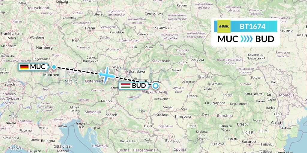 BT1674 Air Baltic Flight Map: Munich to Budapest