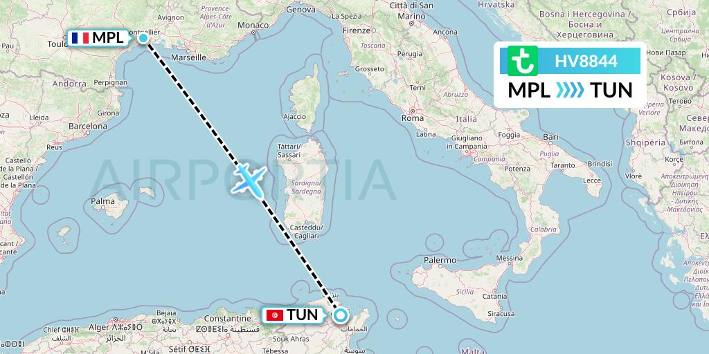 HV8844 Transavia Flight Map: Montpellier to Tunis