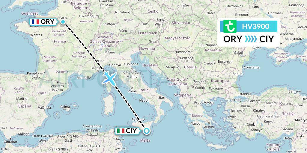 HV3900 Transavia Flight Map: Paris to Comiso