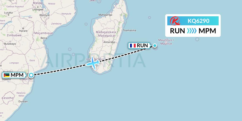 KQ6290 Kenya Airways Flight Map: Saint-Denis to Maputo