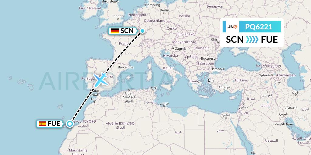 PQ6221 SkyUp Airlines Flight Map: Saarbrucken to Fuerteventura