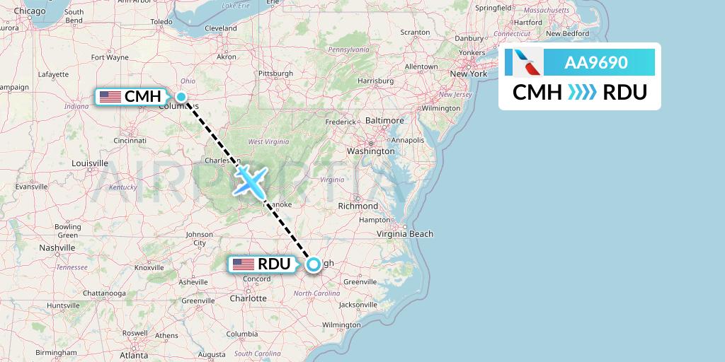 AA9690 American Airlines Flight Map: Columbus to Raleigh-Durham