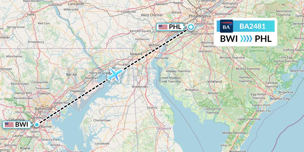 BA2481 British Airways Flight Map: Baltimore to Philadelphia