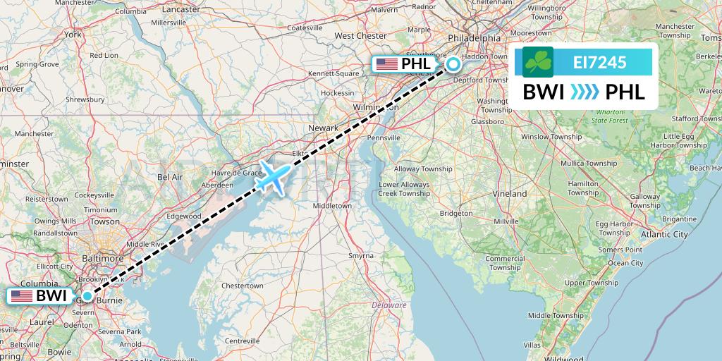 EI7245 Aer Lingus Flight Map: Baltimore to Philadelphia
