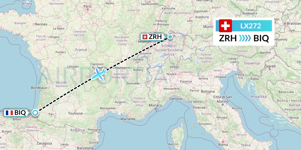 LX272 Swiss Flight Map: Zurich to Biarritz