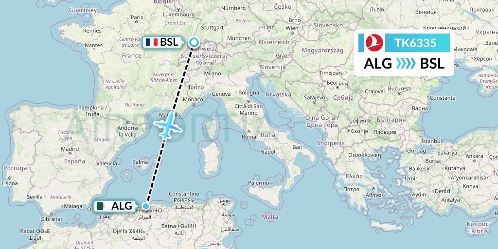 TK6335 Turkish Airlines Flight Map: Algiers to Basel