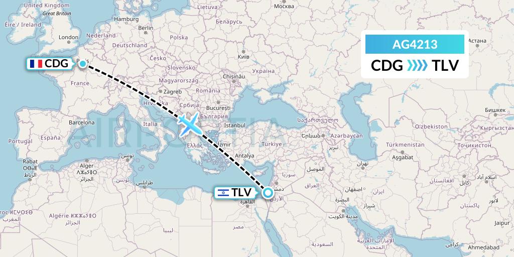 AG4213 Aruba Airlines Flight Map: Paris to Tel Aviv
