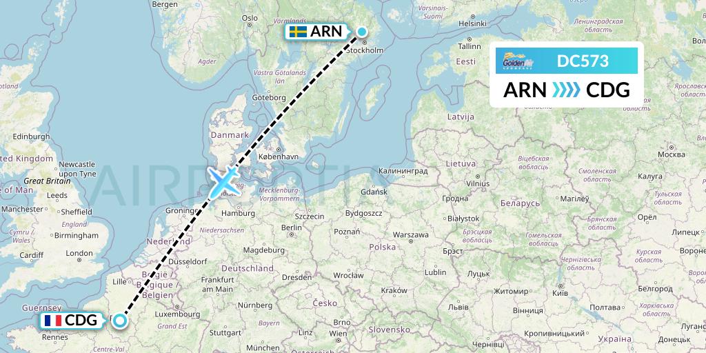 DC573 Braathens Regional Flight Map: Stockholm to Paris