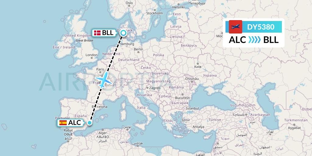DY5380 Norwegian Flight Map: Alicante to Billund
