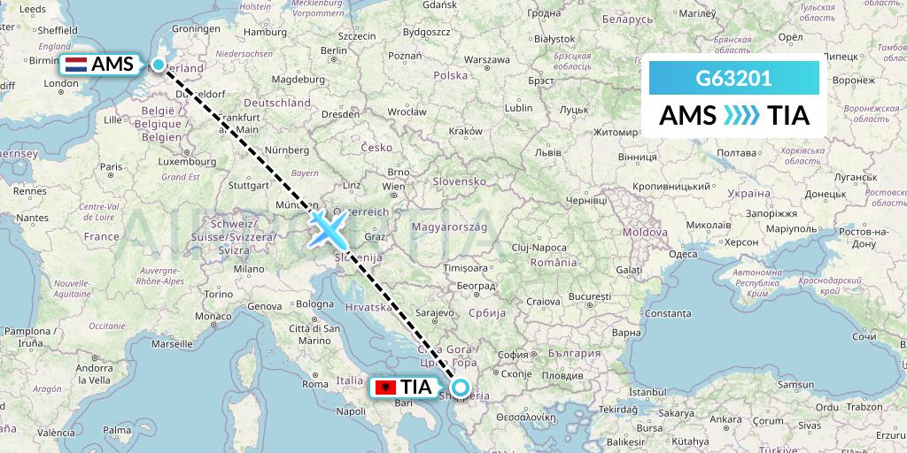 G63201 Fly Arna Flight Map: Amsterdam to Tirana