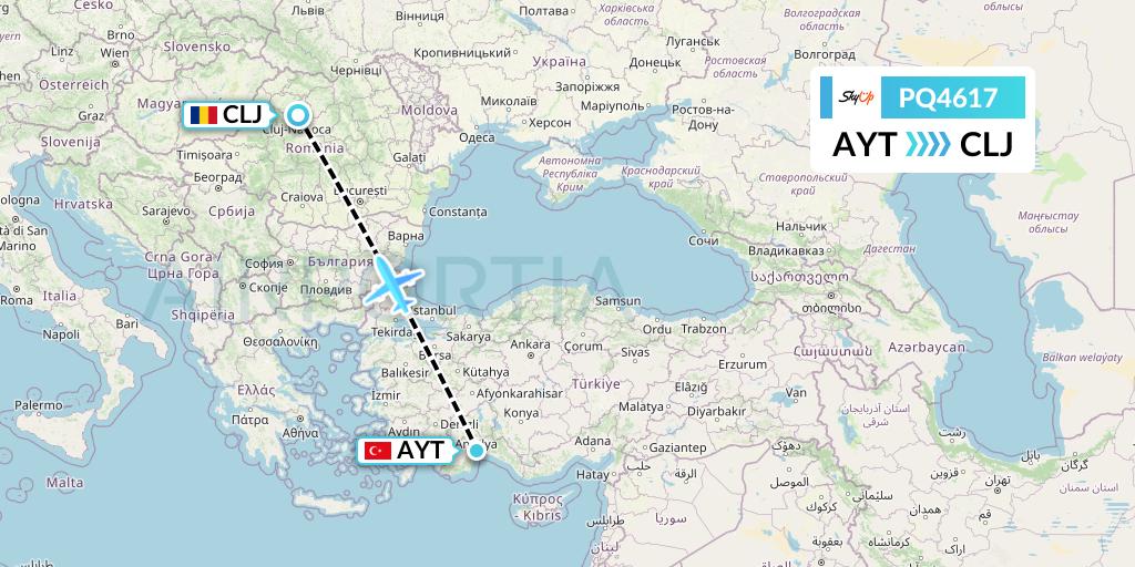 PQ4617 SkyUp Airlines Flight Map: Antalya to Cluj-Napoca