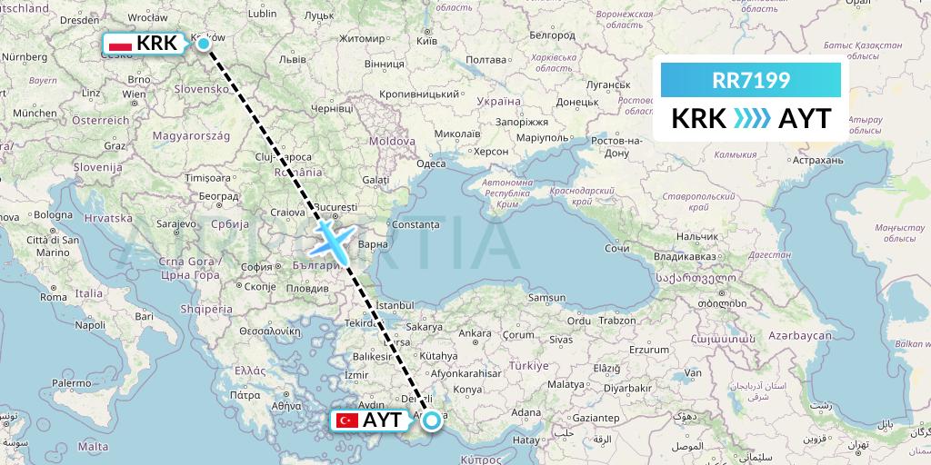RR7199 Royal Air Force Flight Map: Krakow to Antalya