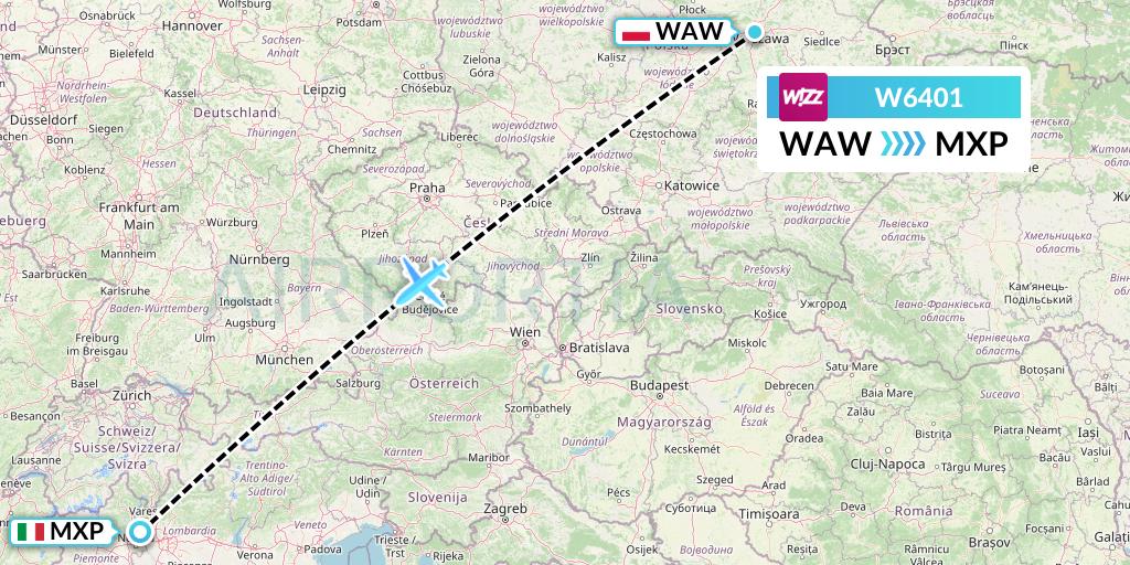 W6401 Wizz Air Flight Map: Warsaw to Milan