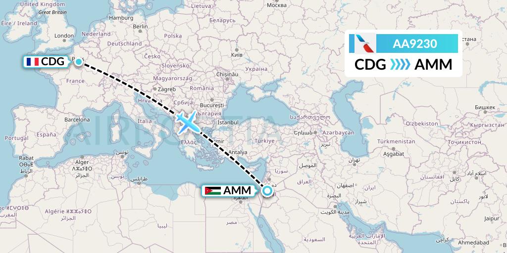 AA9230 American Airlines Flight Map: Paris to Amman