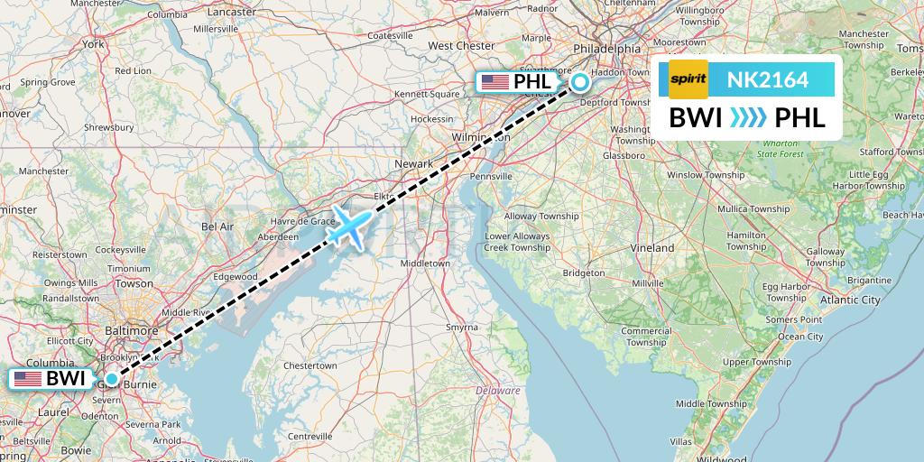 NK2164 Spirit Airlines Flight Map: Baltimore to Philadelphia