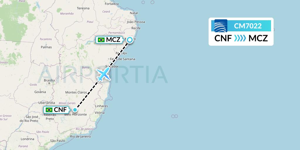 CM7022 Copa Airlines Flight Map: Belo Horizonte to Maceio