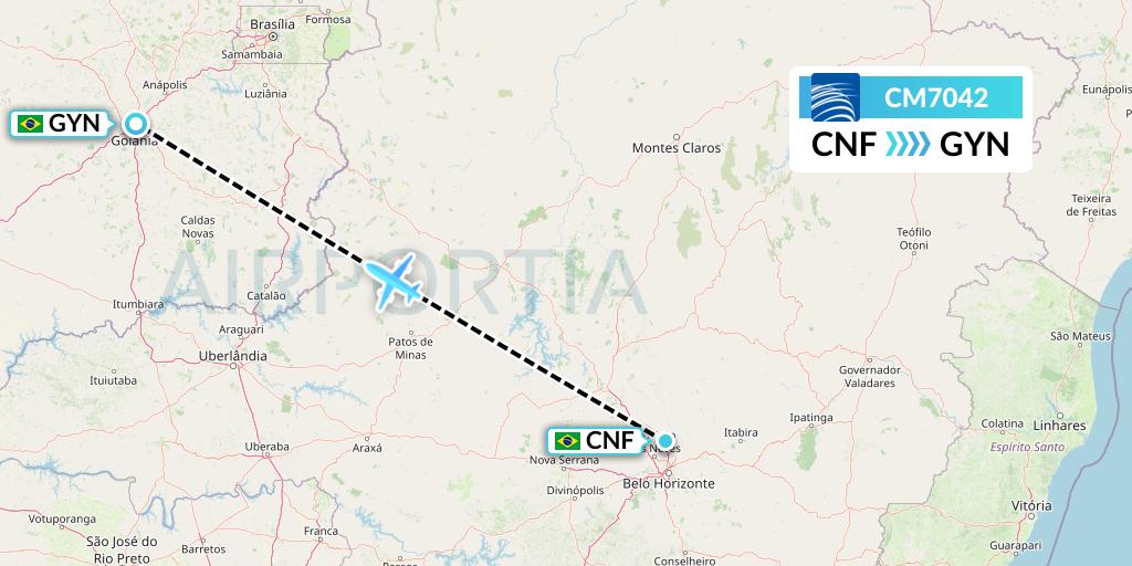 CM7042 Copa Airlines Flight Map: Belo Horizonte to Goiania