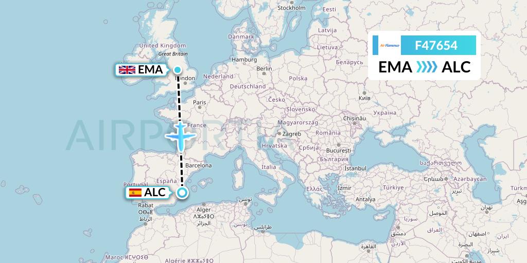 F47654 Air Flamenco Flight Map: East Midlands to Alicante
