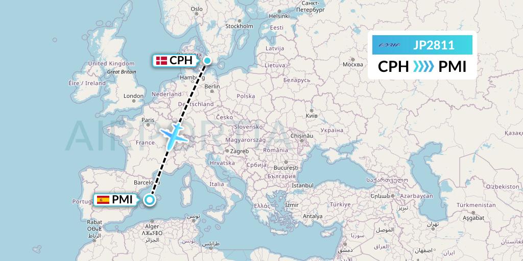 JP2811 Adria Airways Flight Map: Copenhagen to Palma de Mallorca