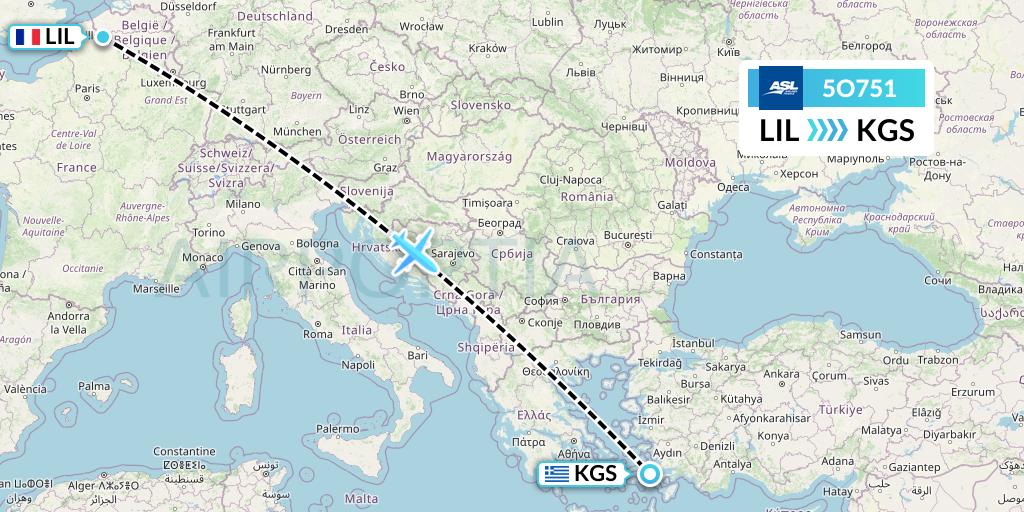 5O751 ASL Airlines France Flight Map: Lille to Kos