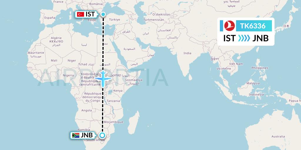 TK6336 Turkish Airlines Flight Map: Istanbul to Johannesburg