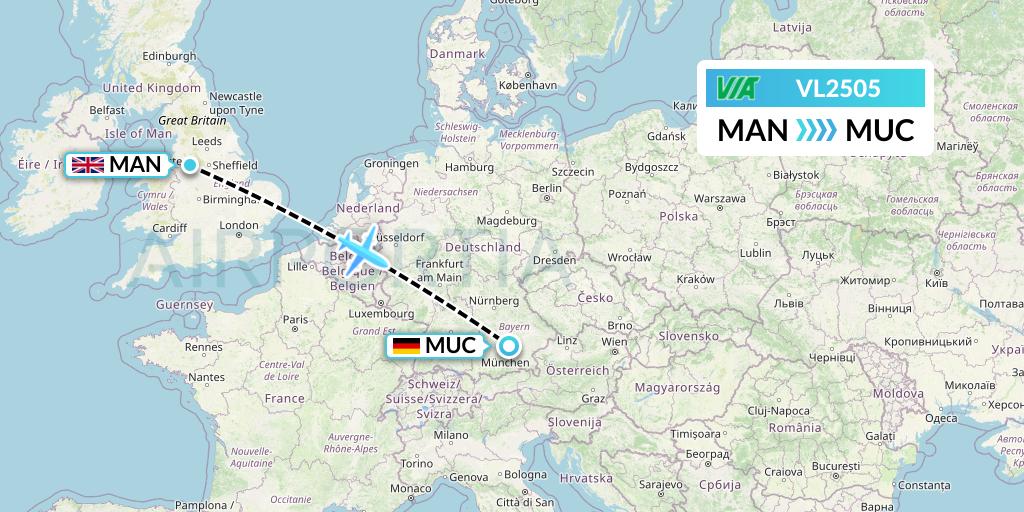 VL2505 Air Via Flight Map: Manchester to Munich