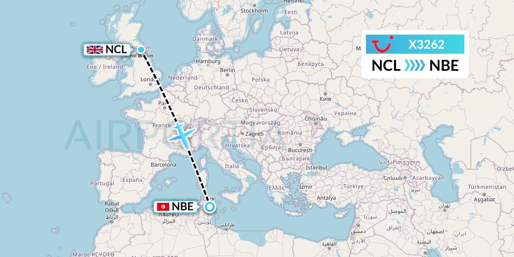 X3262 TUI fly Germany Flight Map: Newcastle to Enfidha