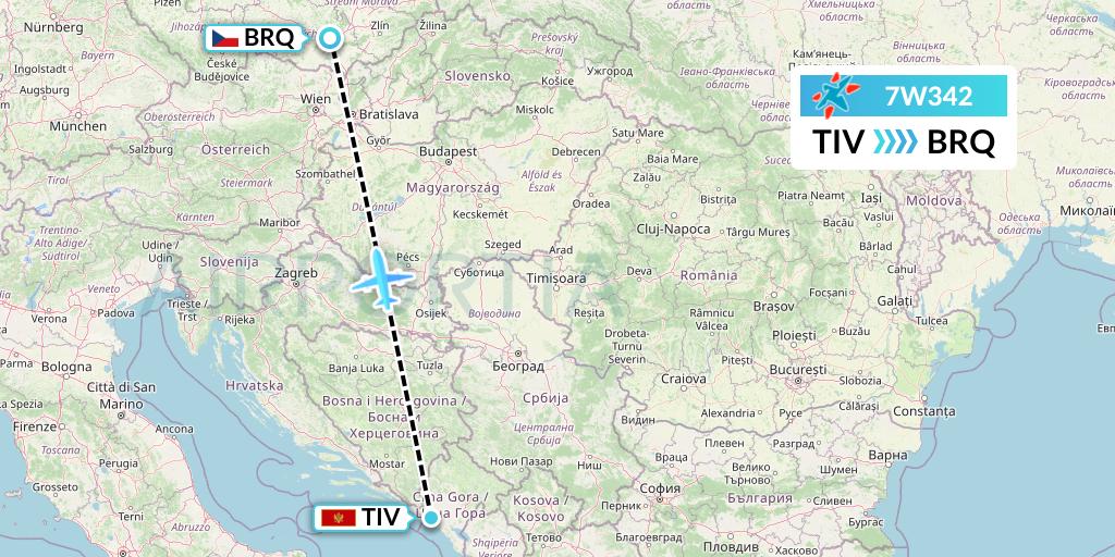 7W342 Windrose Airlines Flight Map: Tivat to Brno