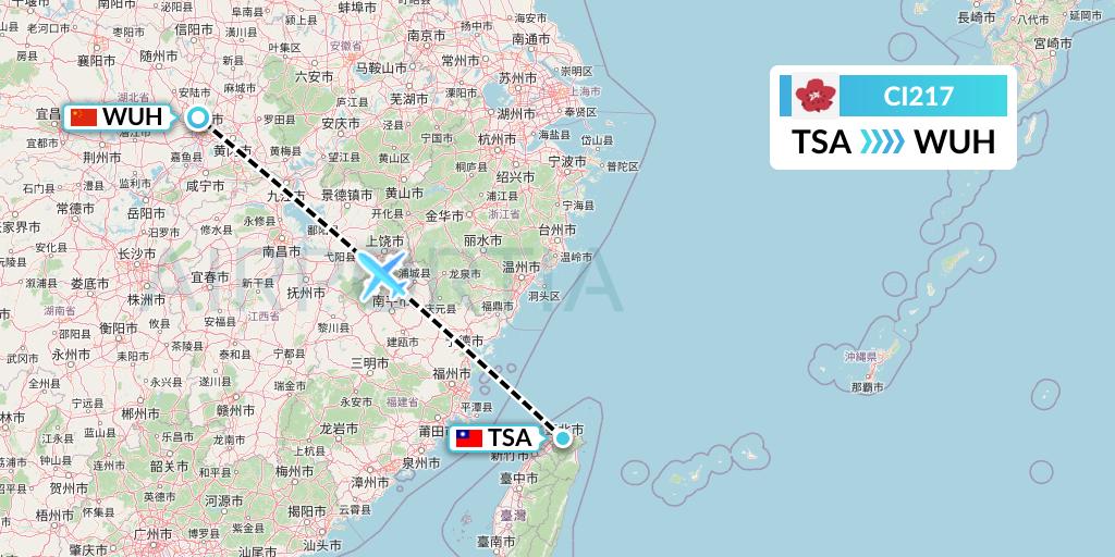 CI217 China Airlines Flight Map: Taipei to Wuhan