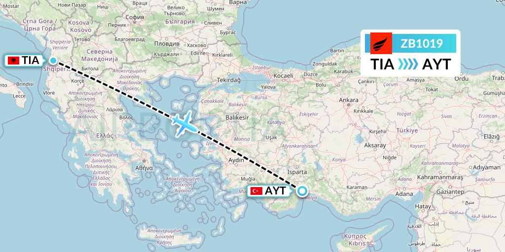 ZB1019 Air Albania Flight Map: Tirana to Antalya