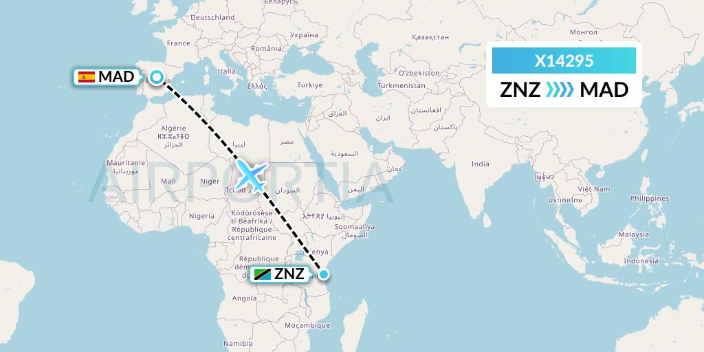X14295 Nik Airways Flight Map: Zanzibar to Madrid