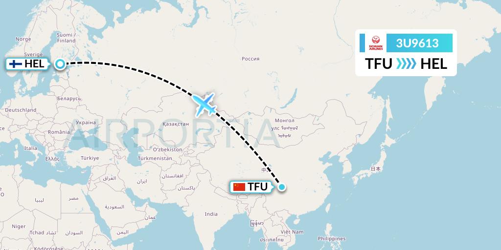 3U9613 Sichuan Airlines Flight Map: Chengdu to Helsinki