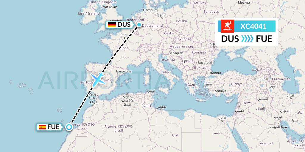 XC4041 Corendon Airlines Flight Map: Dusseldorf to Fuerteventura