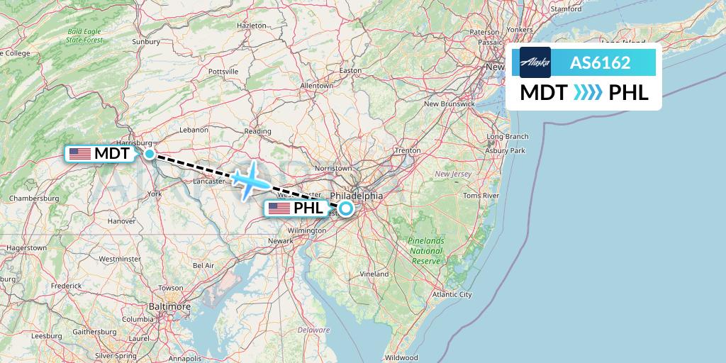 AS6162 Alaska Airlines Flight Map: Harrisburg to Philadelphia