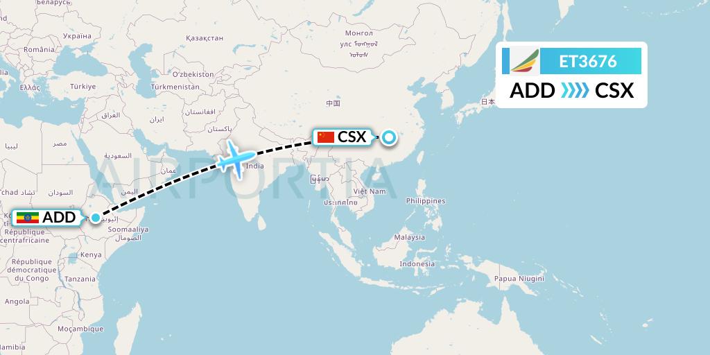 ET3676 Ethiopian Airlines Flight Map: Addis Ababa to Changsha