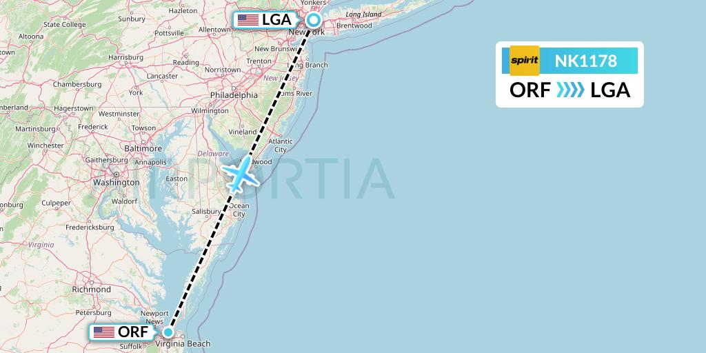 NK1178 Spirit Airlines Flight Map: Norfolk to New York