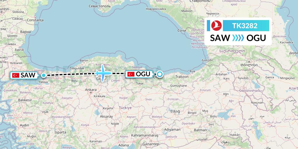 TK3282 Turkish Airlines Flight Map: Istanbul to Ordu