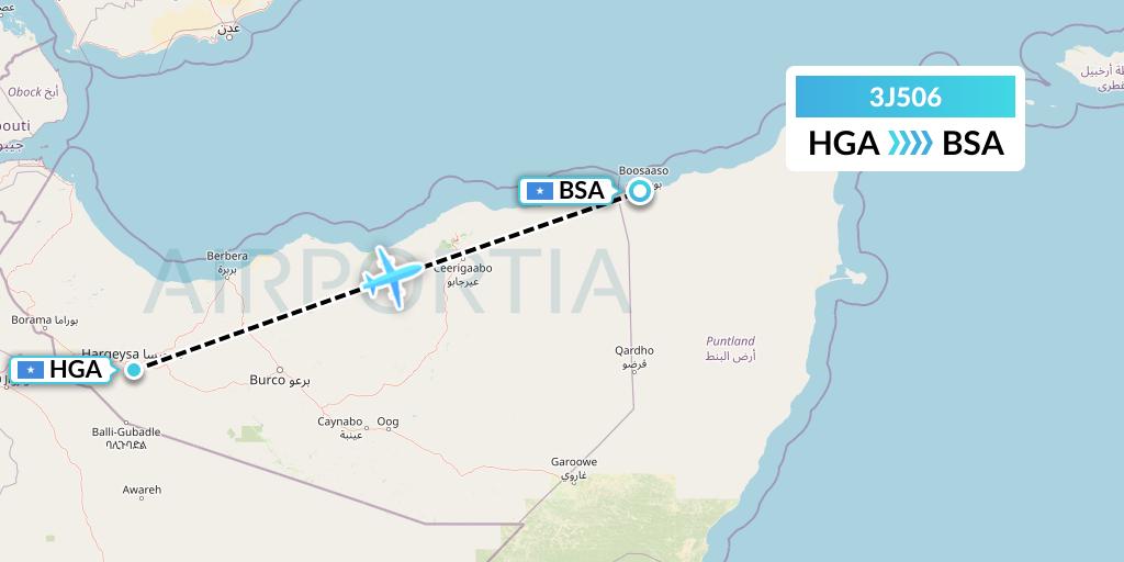 3J506 Jubba Airways Flight Map: Hargeisa to Bosaso
