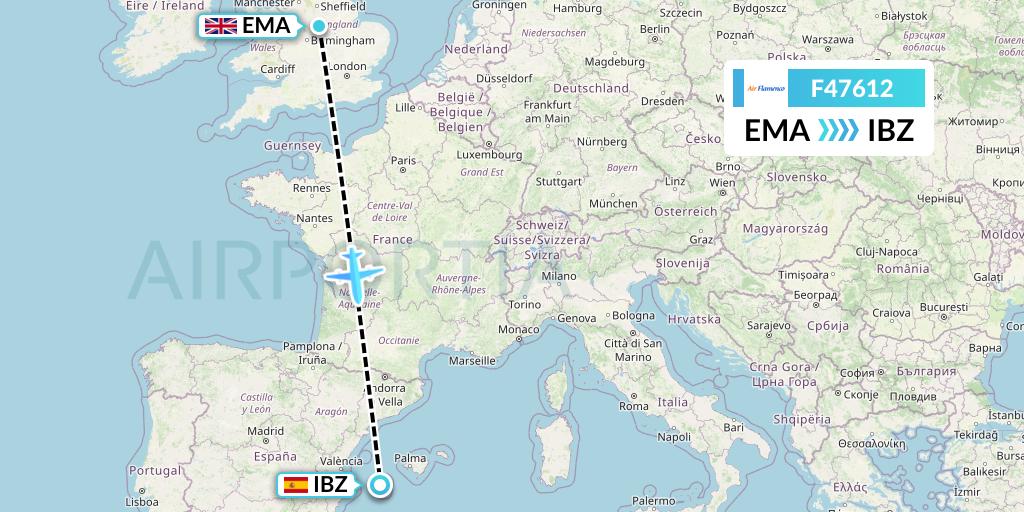 F47612 Air Flamenco Flight Map: East Midlands to Ibiza