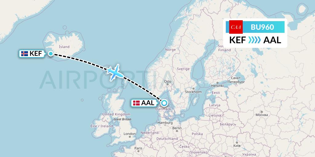 BU960 flyCAA Flight Map: Reykjavik to Aalborg