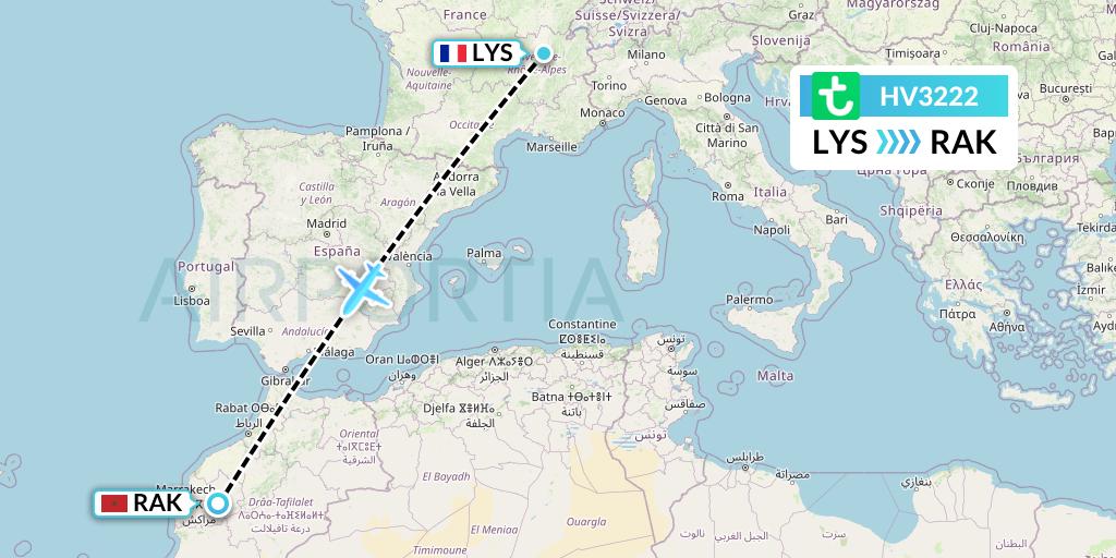 HV3222 Transavia Flight Map: Lyon to Marrakesh 