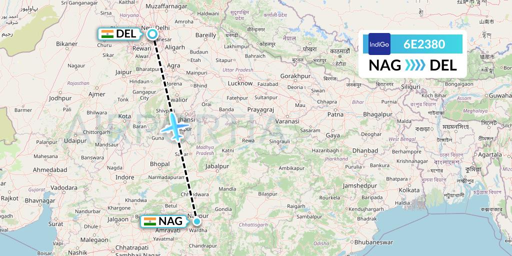 6E2380 IndiGo Airlines Flight Map: Nagpur to Delhi